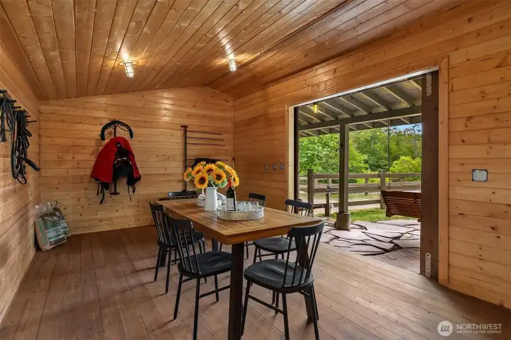 This spacious tack room doubles as an excellent area for entertaining guests.