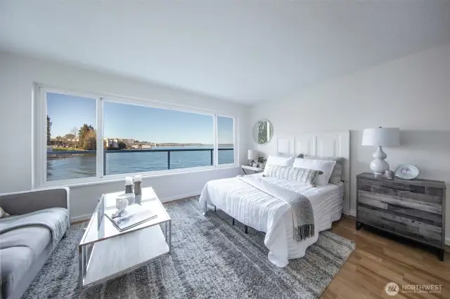 This studio enjoys unobstructed views of Lake Washington through the large, picture window.