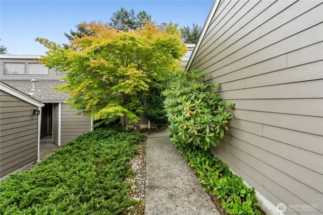 Pathway to front door, safely tucked away behind attached garage