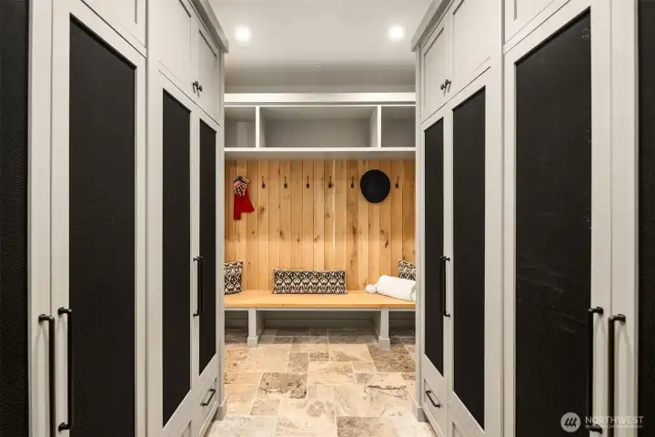 mud room/locker room with custom built in cabinets