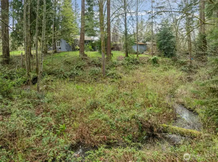 Peaceful, wooded setting with natural creek running through the property. Unique landscape offers potential for a private, nature-inspired retreat.