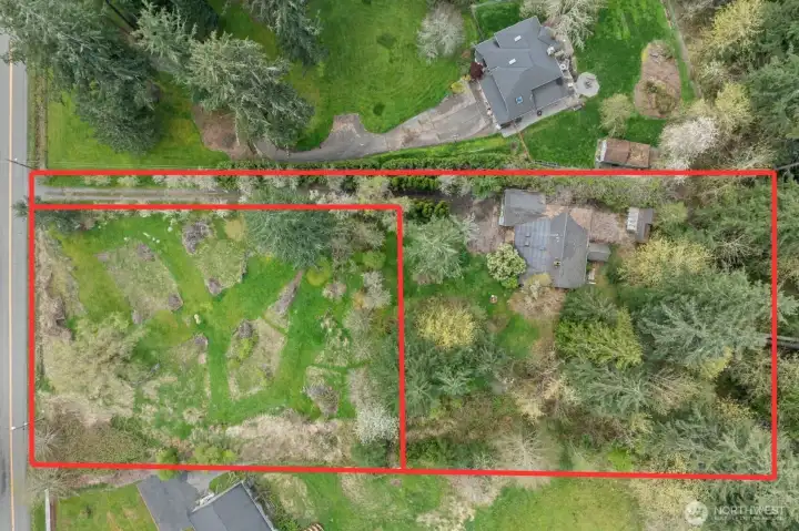 Aerial view showcasing the full property approximate boundaries, including both parcels totaling nearly 2 acres—an exceptional opportunity with expansive usable land.