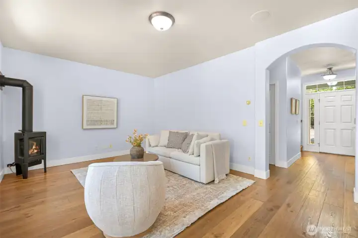 Unwind by your new gas fireplace with lush green views