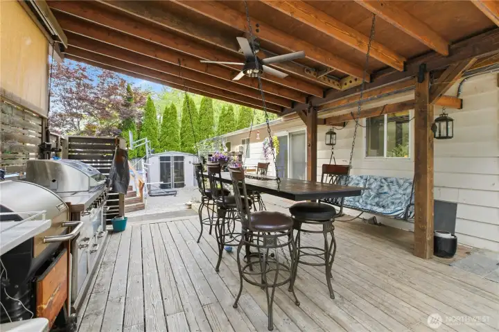 Covered deck entertaining area.