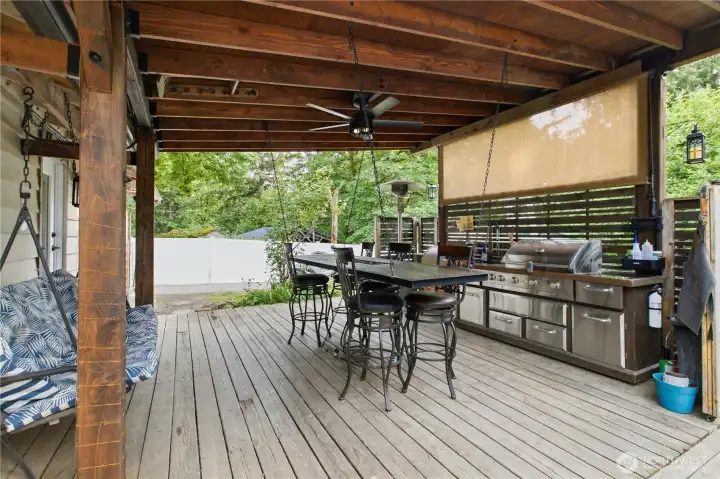 So many great outdoor entertaining items!, BBQ stays, Roll Down Shade and roll down MOVIE SCREEN, Custom Table with "fire pit"