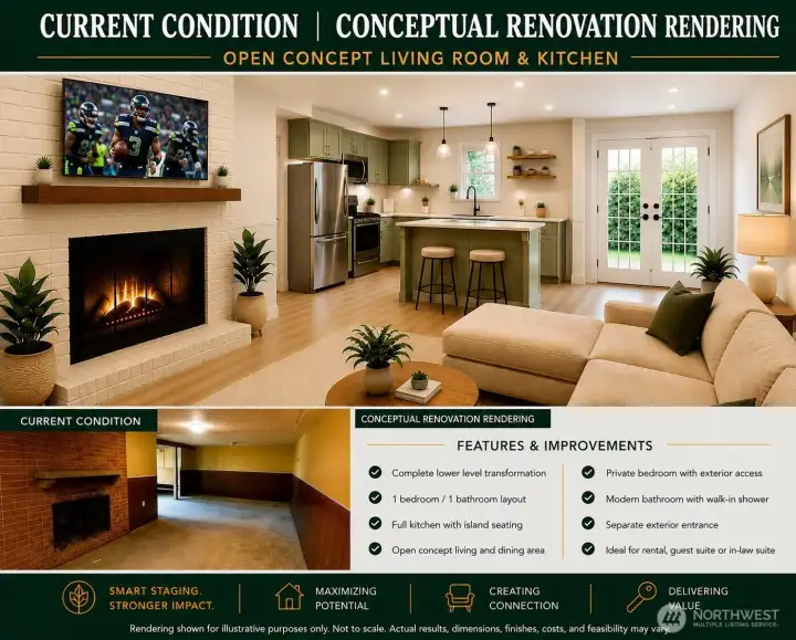 Current photo of downstiars basement and concept of 1 bedroom apartment lower level, great for multigenerational living