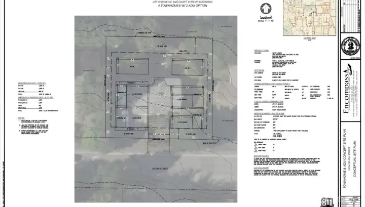 Engineer diagram of what can potentially go on lot which this concept is 4 townhomes and 2 adu's. If serious, will provide copy of report