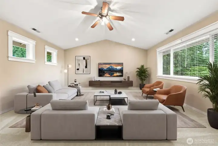 Virtually staged second floor bonus room with east and west facing windows.
