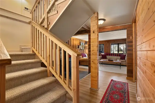 Nice large stairwell to the upper floor with conveniently located in center of the cabin.