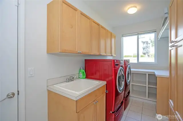 Well-equipped main-level utility room featuring abundant cabinetry, a convenient utility sink, and a spacious countertop for easy laundry folding.