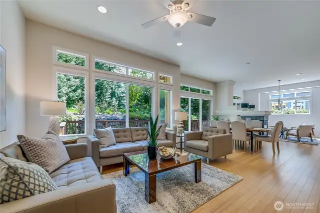 The expansive great room of the cedar fllor plan is an entertainers dream with multiple seating and dining areas.