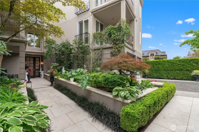A grand resort-like private entrance leads to lake, mountain and city views