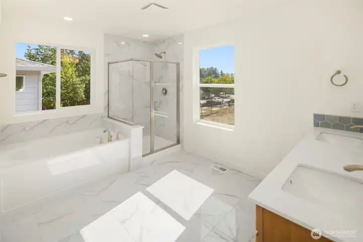 The luxurious Master Bathroom with separate shower & tub, dual sinks, separate toilet room, and a big walk-in closet
