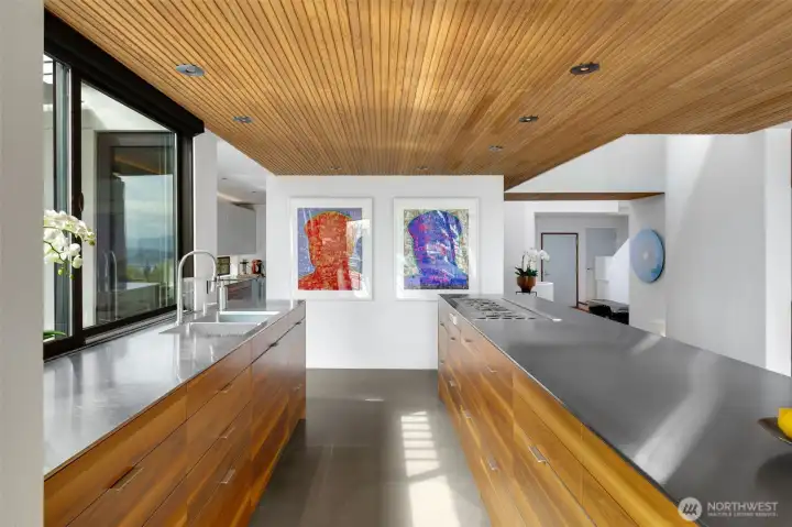 Stainless countertops and walnut cabinets compliment a true Chef's Kitchen