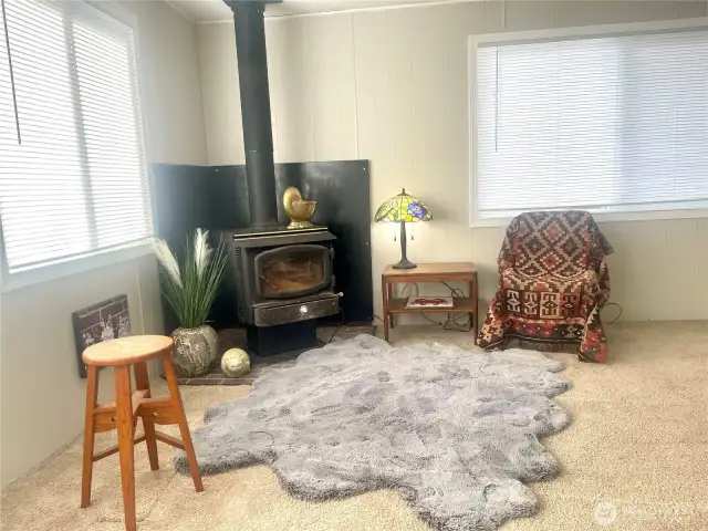 cozy wood stove in living room