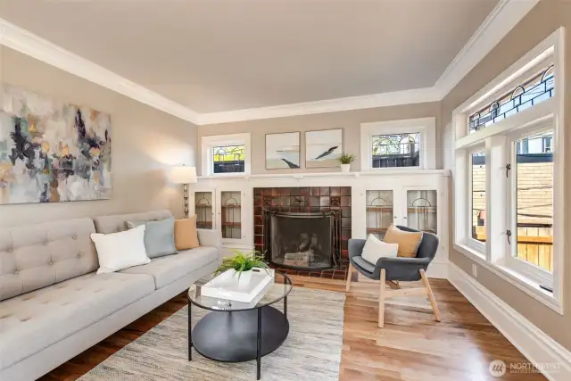 Living Room with Beveled Glass, Quality Built-ins, Fireplace and Mantel.