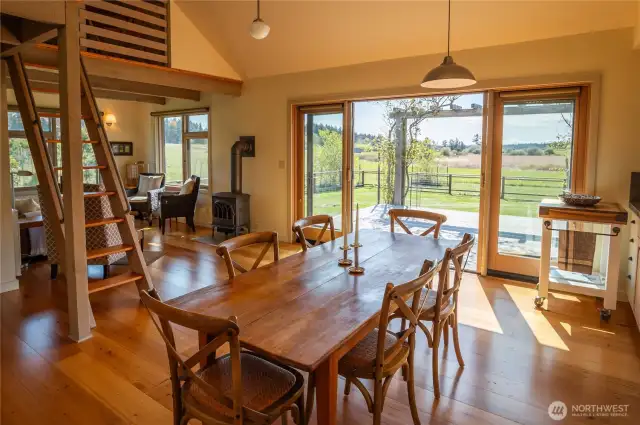 Dining area, deck, and living area, with loft ladder on the left