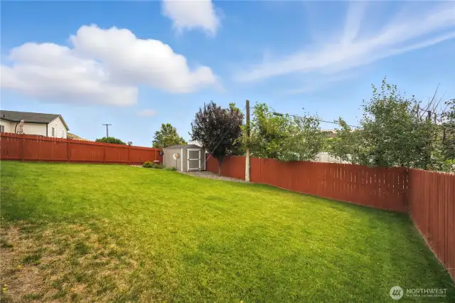 Fully fenced back yard. Automatic Sprinklers. Garden Shed.