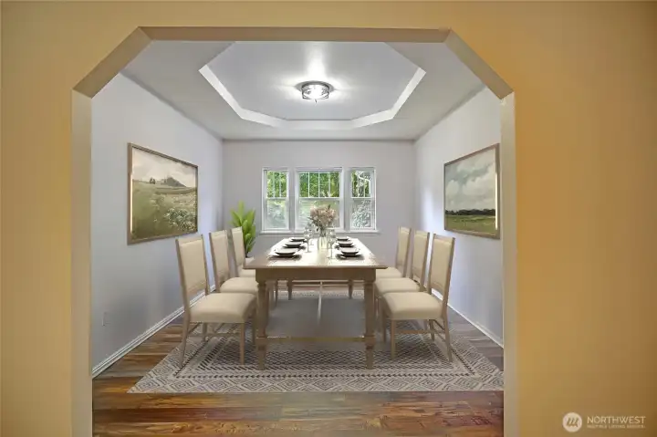 Virtually staged dining room with beautiful & unique arch design