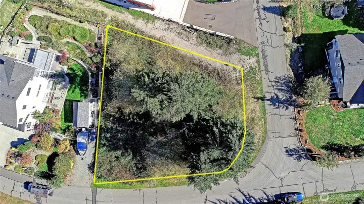 Water & power on the NW corner. Property lines highlighted for reference.  Usable land surrounded by established homes and paved access on two sides.