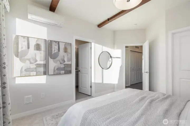 Primary is isolated on one side of the bedroom floor with secondary bedrooms on the other.