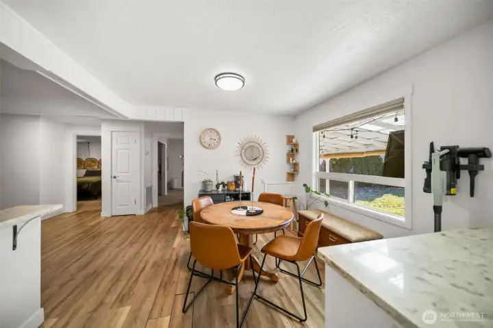 Eating space with a view of the covered patio and yard