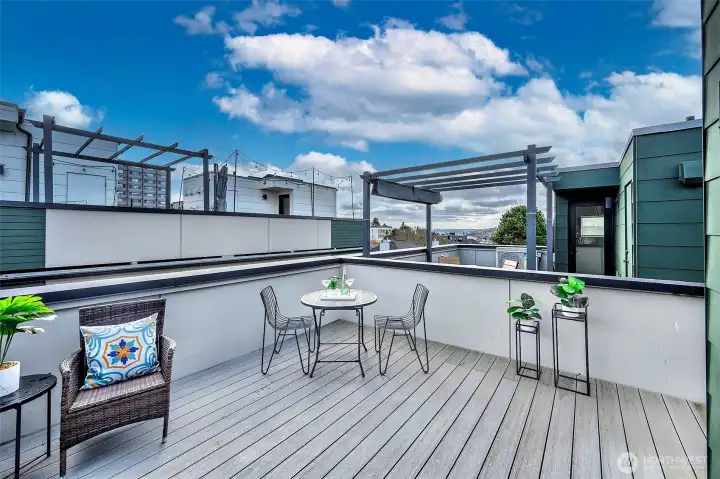Unwind on the private rooftop deck, where sweeping city views, including stunning views of Mount Rainier, create an unforgettable backdrop for relaxing evenings or hosting friends.