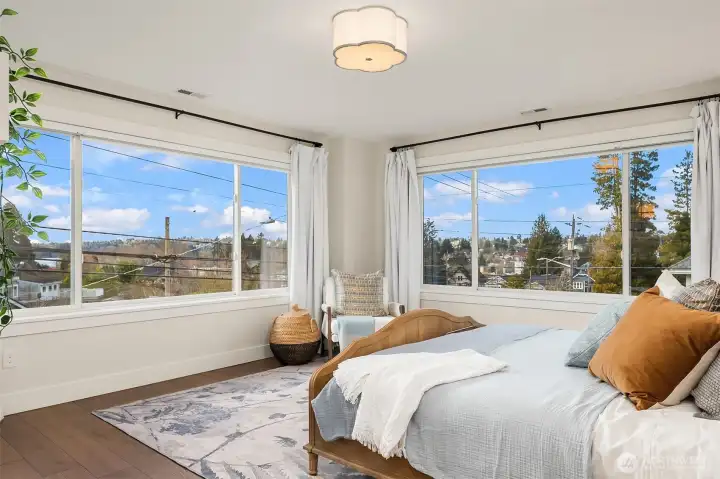 Primary bedroom with views.