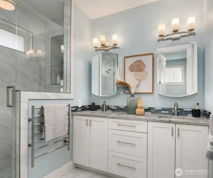 Ensuite bathroom to ADU bedroom with heated floors.