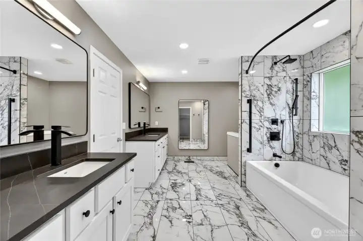 Quartz counters & large mirrors  Marble large format tile floor