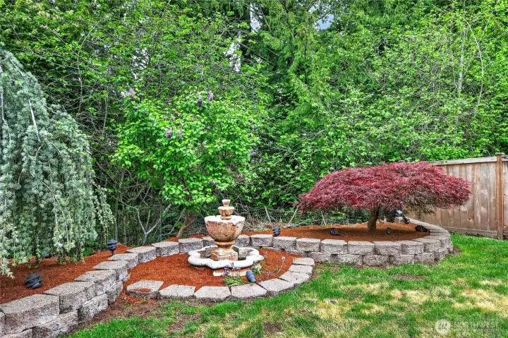 Picturesque views of the rear yard complete with fountain, Maple and Lilac trees