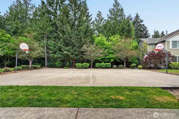 Brookside HOA COMMUNITY PARK  features a tree lined area with a play structure, basketball court, and picnic tables.
