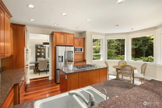 View from the breakfast counter across the kitchen to the dining room.
