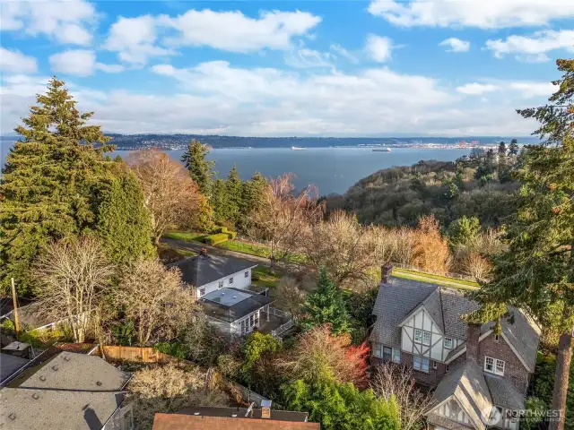 The front of the house has views of the Puget Sound and Cascade Mountains.