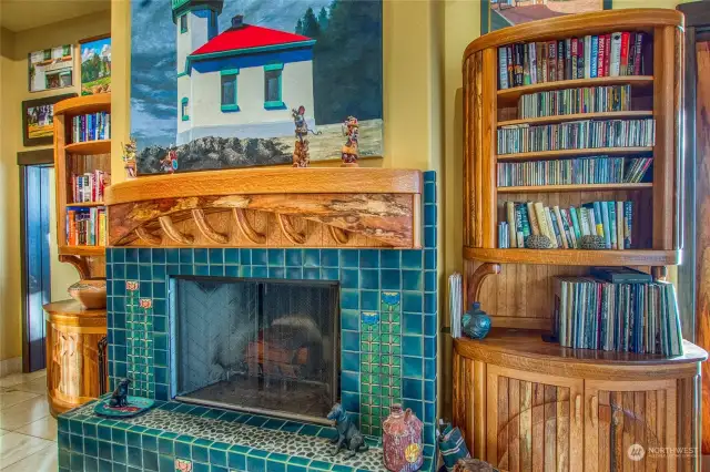 Quartersawn oak and spalted maple are the primary woods in the custom mantle and cabinets.