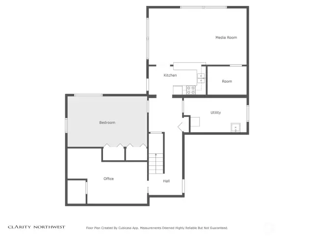 Lower level floor plan. Room off media room is the bathroom with steam shower.