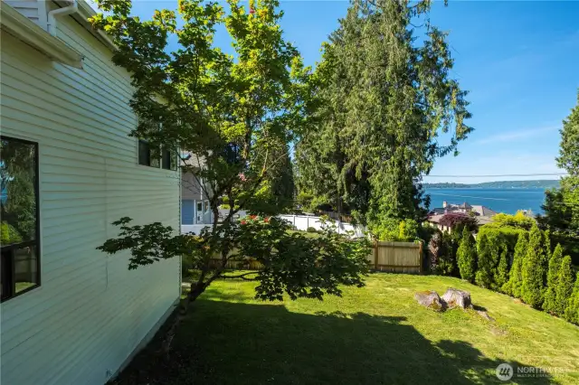 Large level and private back yard that sits up from Lake Sammamish Parkway.