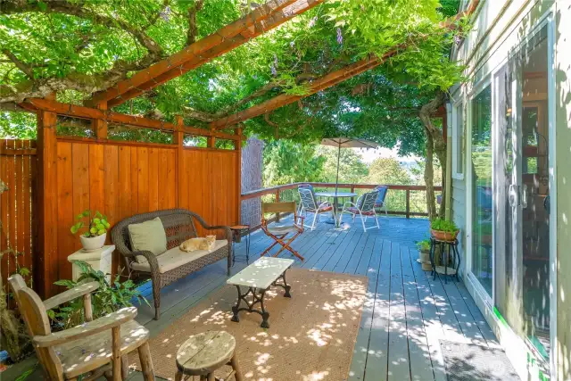 Deck with beautiful wisteria arbor.