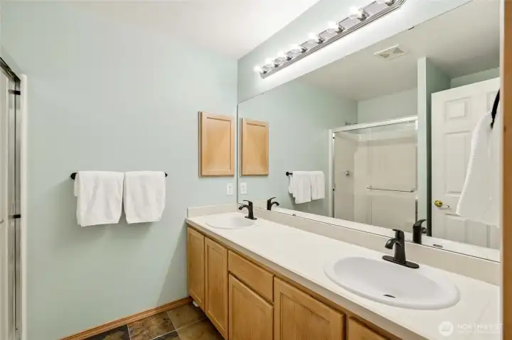 Primary bath with double vanity and shower