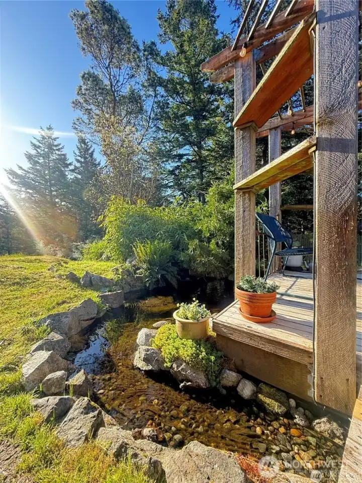 Landscaping around the pond and around the house is set up with an irrigation system.