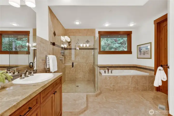 Jetted Tub and shower for a restful soak.