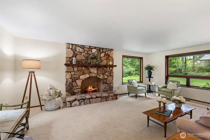 Large living room New carpet and a gas fire place