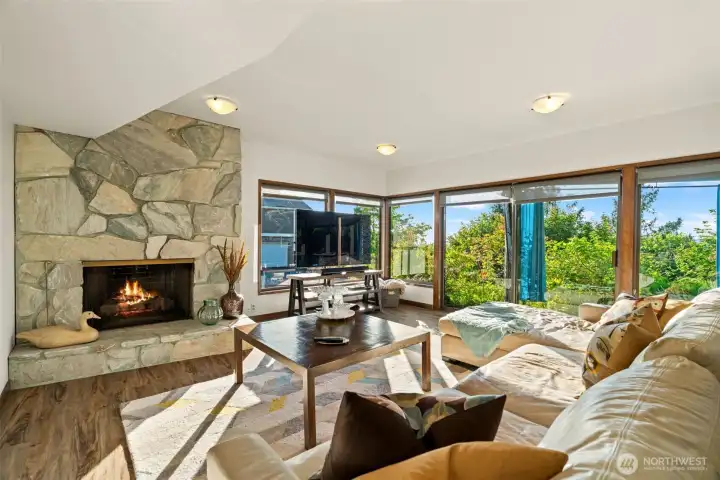 Lower level family room with fireplace.