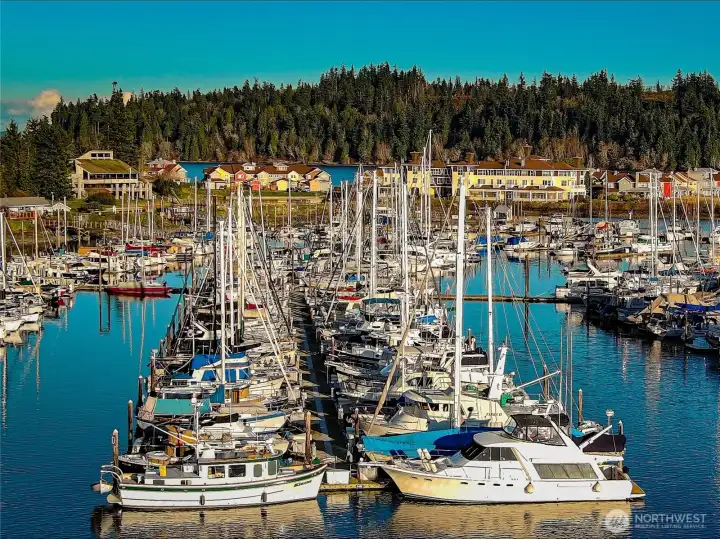 Port Ludlow Marina with the Port Ludlow Inn bin the background, boasts fine dining and a lovely deck to enjoy the afternoon sunshine!