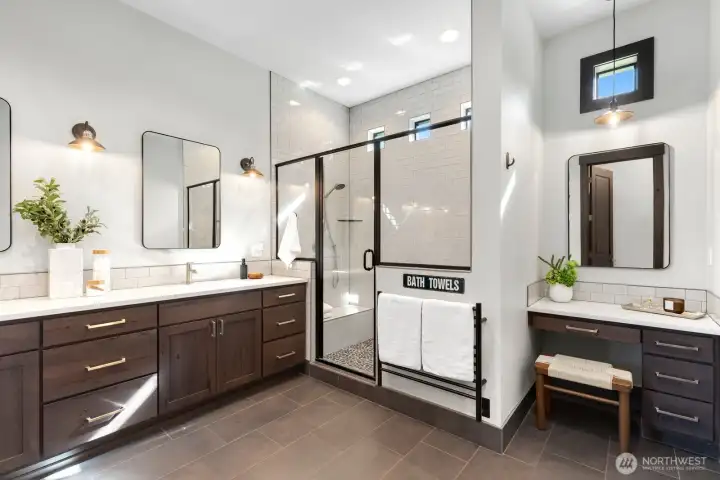 Large Primary Bathroom with dressing table and walk-in shower Large Primary Bathroom with dressing table and walk-in shower
