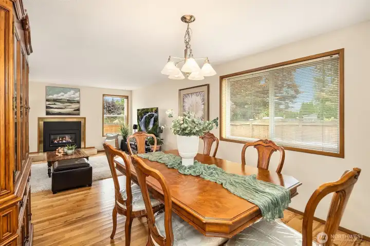 The dining room is situated in between the formal living room and the informal great room. The dining room is situated in between the formal living room and the informal great room.