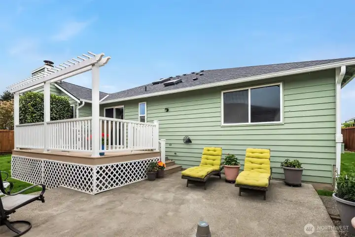 In addition to the deck, there is a large patio to enjoy. Note: the upside pot you see on the patio is actually plumbing for a hot tub should you choose to add one. In addition to the deck, there is a large patio to enjoy. Note: the upside pot you see on the patio is actually plumbing for a hot tub should you choose to add one.