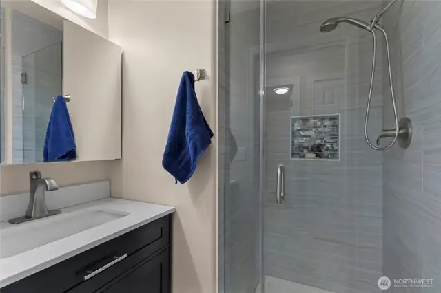 3/4 bath for guests, updated with new vanity/countertop and shower