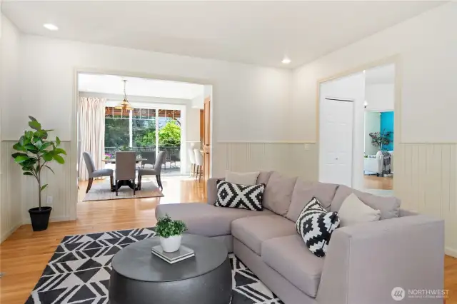 Living room easily flows to dining area