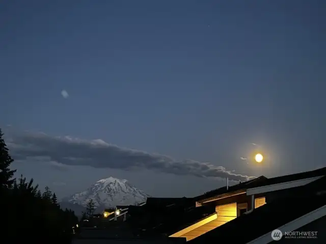 Mt Rainier view from roof top deck on a clear night